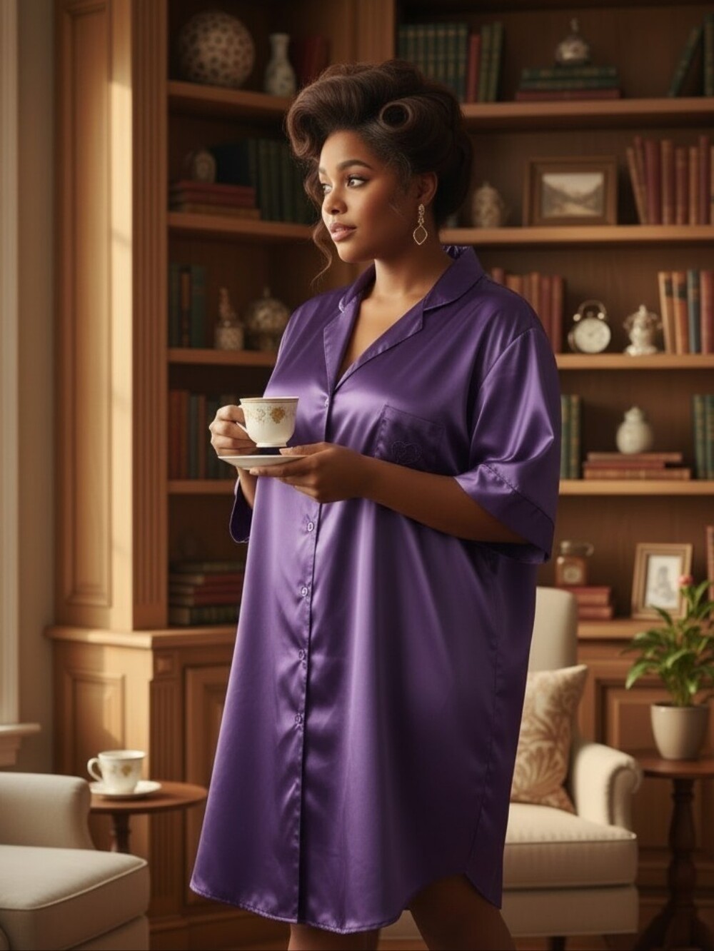 Shadowline Elegant Purple Satin Button Front Chest Pocket Sleep Shirt Size 2X